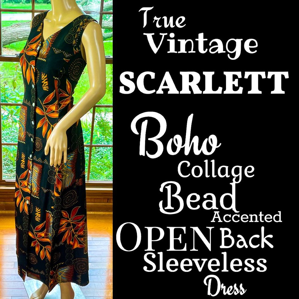 ⭐️HP⭐️VTG▪️SCARLETT▪️Boho Collage Bead Accented Open Back Sleeveless Maxi Dress - Picture 1 of 12